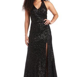 Morgan Co. Maxi Dress Juniors 1 Formal Halter Style V Neck Lined Blk Sequin NWT